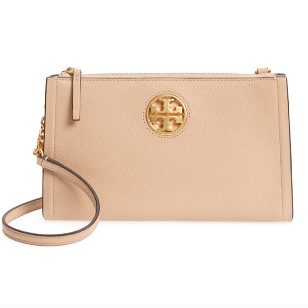 New Tory Burch leather Carson zip top cross body brand new with tag 	 Devon Sand
